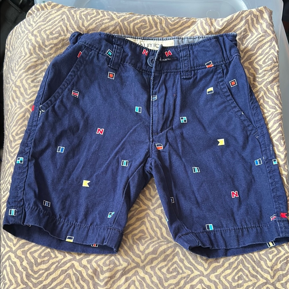Nautica Blue Flat Front Shorts with Printed Accents